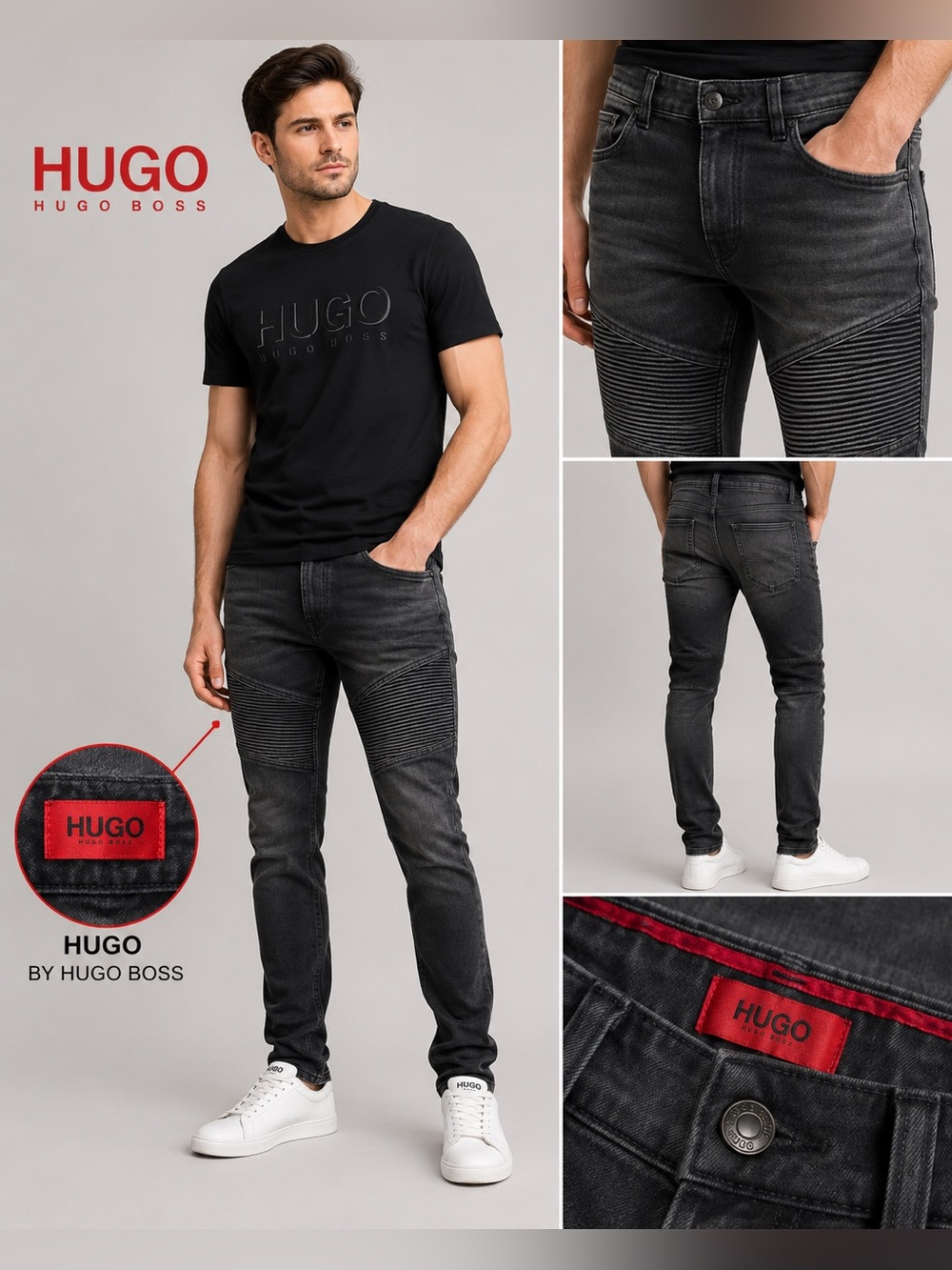 HUGO Men's Charcoal Black Skinny Moto Jeans